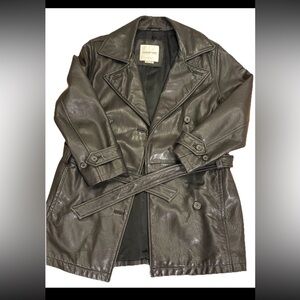 Black Leather Coat with Wrap Belt, Vintage 90s